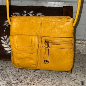 Great Condition Stuffed Tignanello Mustard Yellow Leather Crossbody Bag